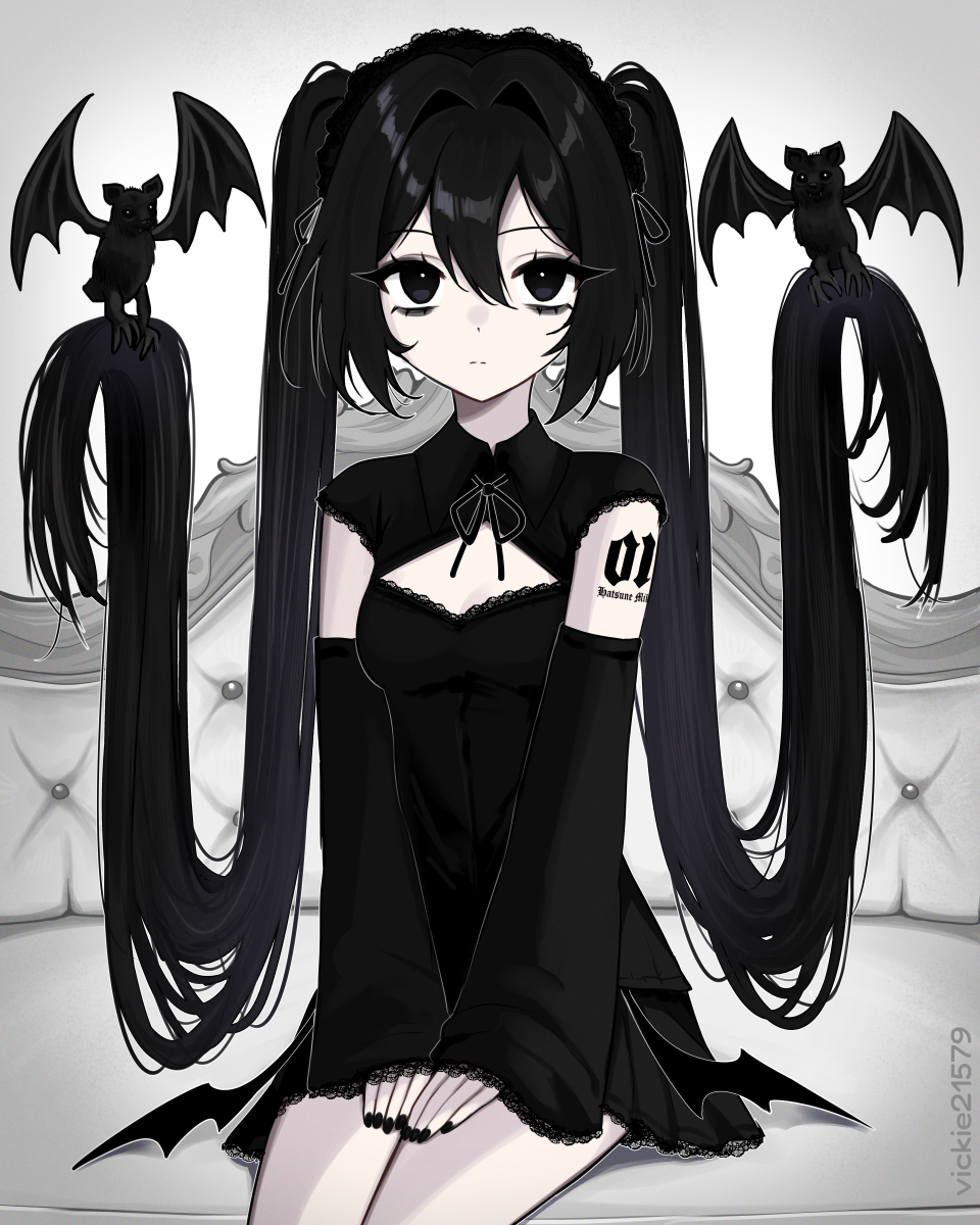 1girl, above-cleavage_cutout, absurdly_long_hair, artist_name, bat_(animal), bat_wings, black_eyes, black_eyeshadow, black_hair, black_nails, black_ribbon, black_shirt, black_skirt, character_name_tattoo, closed_mouth, clothing_cutout, collared_shirt, detached_sleeves, expressionless, eyeshadow, fingernails, frilled_hairband, frills, goth_fashion, hair_between_eyes, hair_intakes, hairband, hands_on_own_thighs, hatsune_miku, highres, lace_trim, limited_palette, long_hair, long_sleeves, looking_at_viewer, makeup, number_tattoo, prehensile_hair, ribbon, shirt, sitting, skirt, solo, tattoo, twintails, v_arms, very_long_hair, vickie_(cryingrobot), vocaloid, wide_sleeves, wings