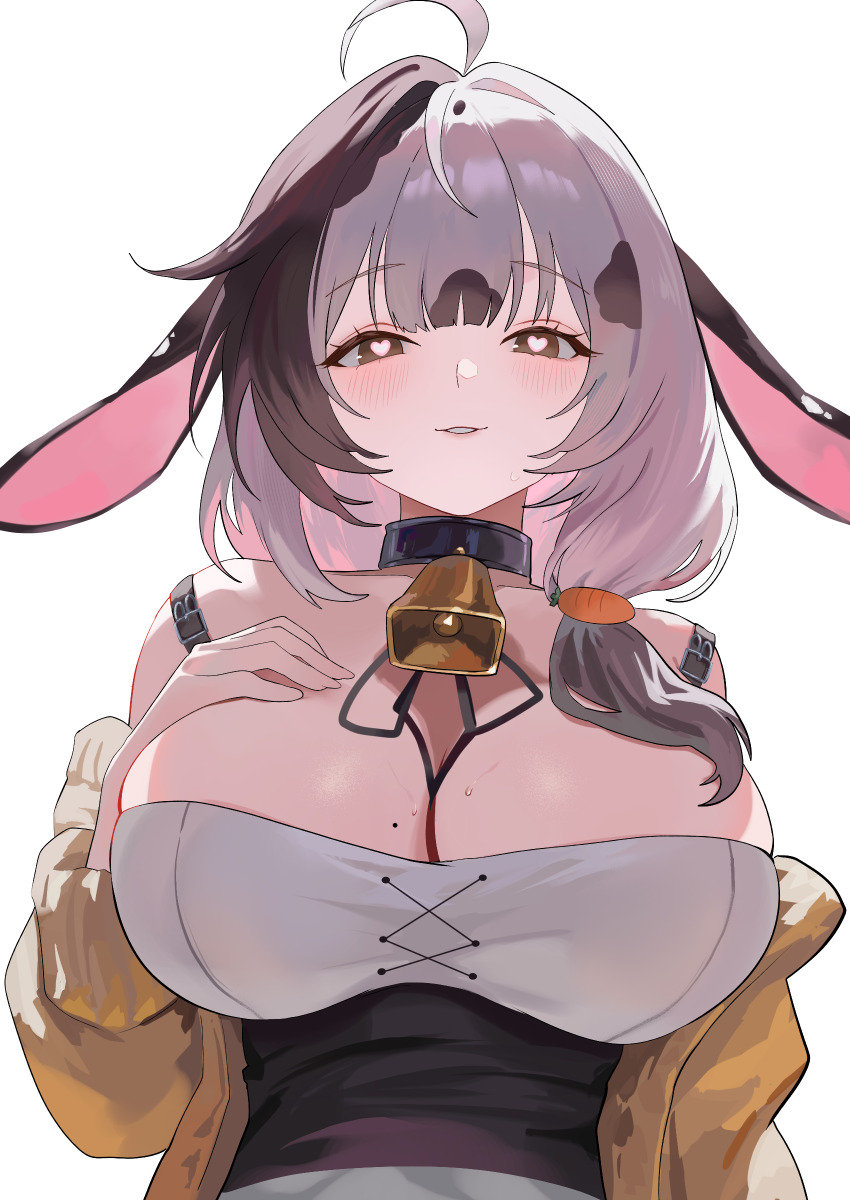 1girl, absurdres, ahoge, animal_ears, arm_up, baejjal_(vtuber), bare_shoulders, bell, black_choker, black_hair, blush, breasts, brown_eyes, carrot_hair_ornament, choker, cleavage, commentary, cow_ears, cow_girl, food-themed_hair_ornament, hair_ornament, hair_over_shoulder, heart, heart-shaped_pupils, highres, huge_breasts, indie_virtual_youtuber, jacket, looking_at_viewer, multicolored_hair, nbee_ya, neck_bell, off_shoulder, open_clothes, open_jacket, parted_lips, pink_pupils, sidelocks, simple_background, solo, symbol-shaped_pupils, two-tone_hair, upper_body, virtual_youtuber, white_background, white_hair, yellow_jacket
