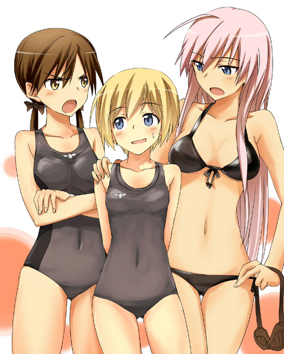3girls, ahoge, arms_behind_back, bare_shoulders, bikini, black_bikini, blonde_hair, blue_eyes