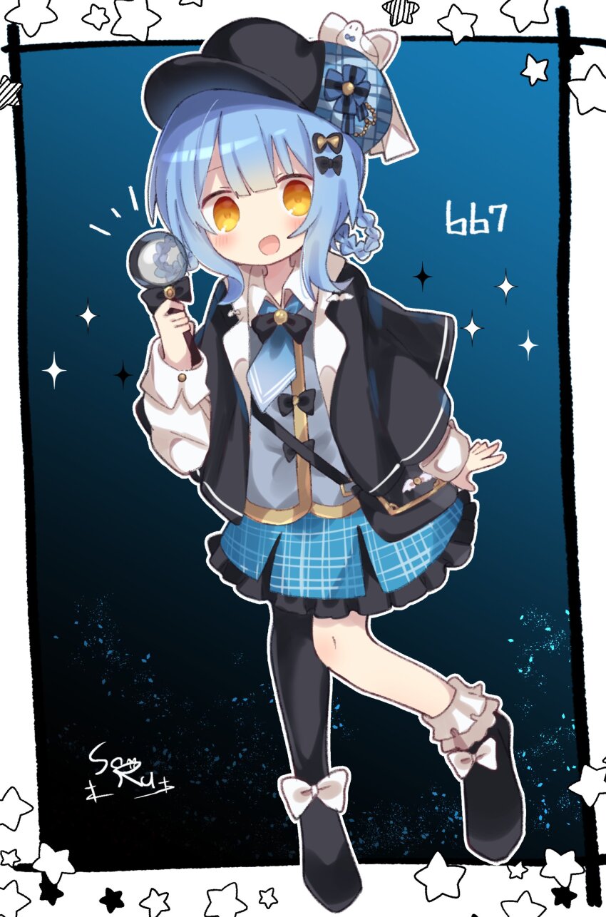 1girl, :d, absurdres, asymmetrical_legwear, black_capelet, black_hat, black_pantyhose, black_shoes