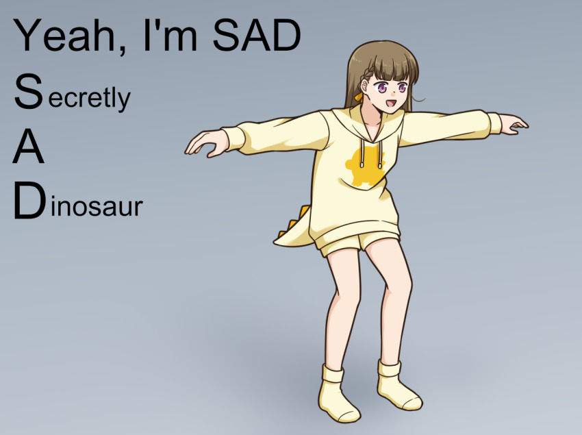 1girl, :d, braid, brown_hair, center-flap_bangs, collarbone, commentary_request, dinosaur_tail, fake_tail, full_body, grey_background, hood, hoodie, kachimachi_kosuzu, kachimachi_kosuzu_(sega_lucky_lottery_sleepwear), link!_like!_love_live!, long_sleeves, love_live!, meme, meme_request, official_alternate_costume, open_mouth, outstretched_arms, pink_eyes, potatopenggu, shorts, side_ahoge, side_braids, simple_background, smile, socks, solo, spread_arms, standing, tail, virtual_youtuber, yellow_hoodie, yellow_shorts, yellow_socks