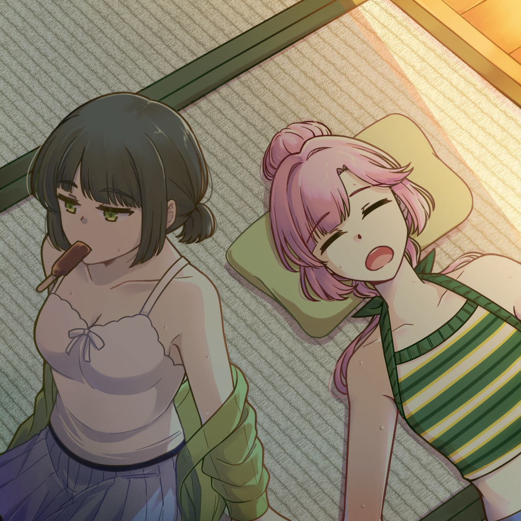 2girls, alternate_hairstyle, anyoji_hime, anyoji_hime_(sleepover_at_ginko's), bare_shoulders, black_hair, blue_skirt, breasts