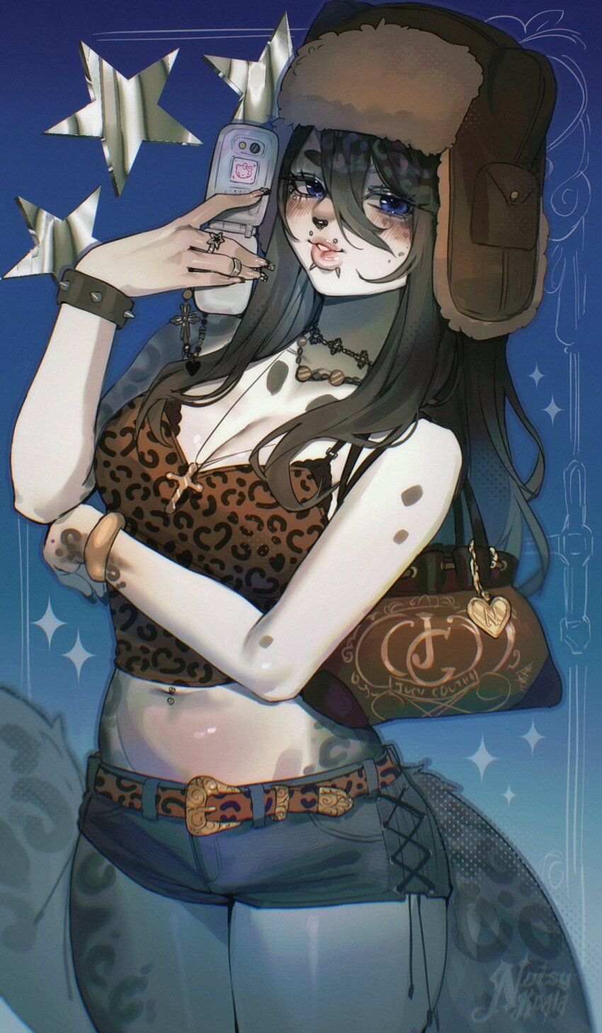 1girl, animal_nose, animal_print, anti-eyebrow_piercing, artist_name, bag, bag_charm, belt