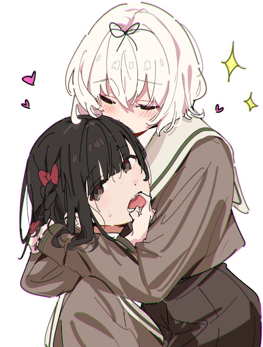 2girls, absurdres, atenaba, black_hair, black_ribbon, blush, bow, braid