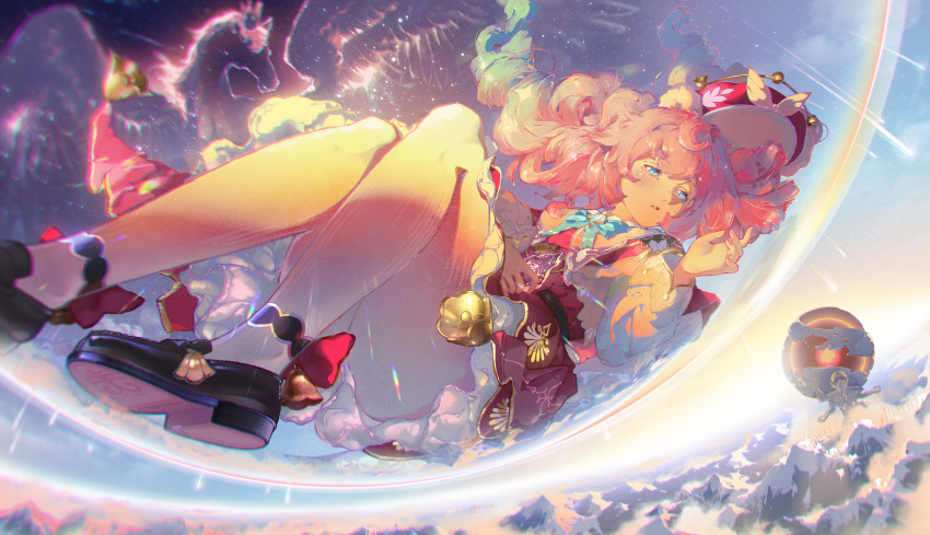 1girl, absurdres, bell, beret, black_shoes, blue_sky, bow, commentary