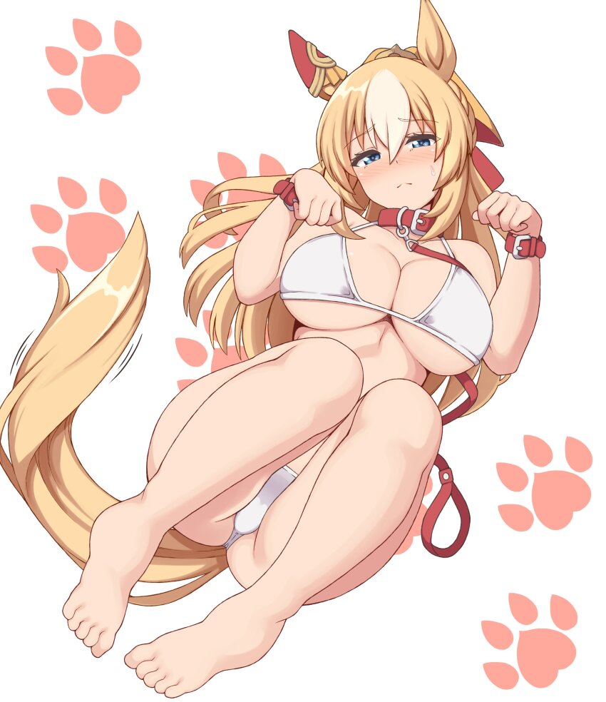 1girl, absurdres, animal_collar, animal_ears, barefoot, bikini, blonde_hair, blue_eyes, blush, breasts, cleavage, closed_mouth, collar, commentary_request, durandal_(umamusume), ear_covers, feet, full_body, hair_between_eyes, hakutaqanta, highres, horse_ears, horse_girl, horse_tail, large_breasts, leash, legs, looking_at_viewer, nose_blush, on_bed, paw_print, pet_play, red_collar, simple_background, single_ear_cover, solo, sweat, swimsuit, tail, thighs, toes, umamusume, white_background, white_bikini, white_streaks, yellow_tail