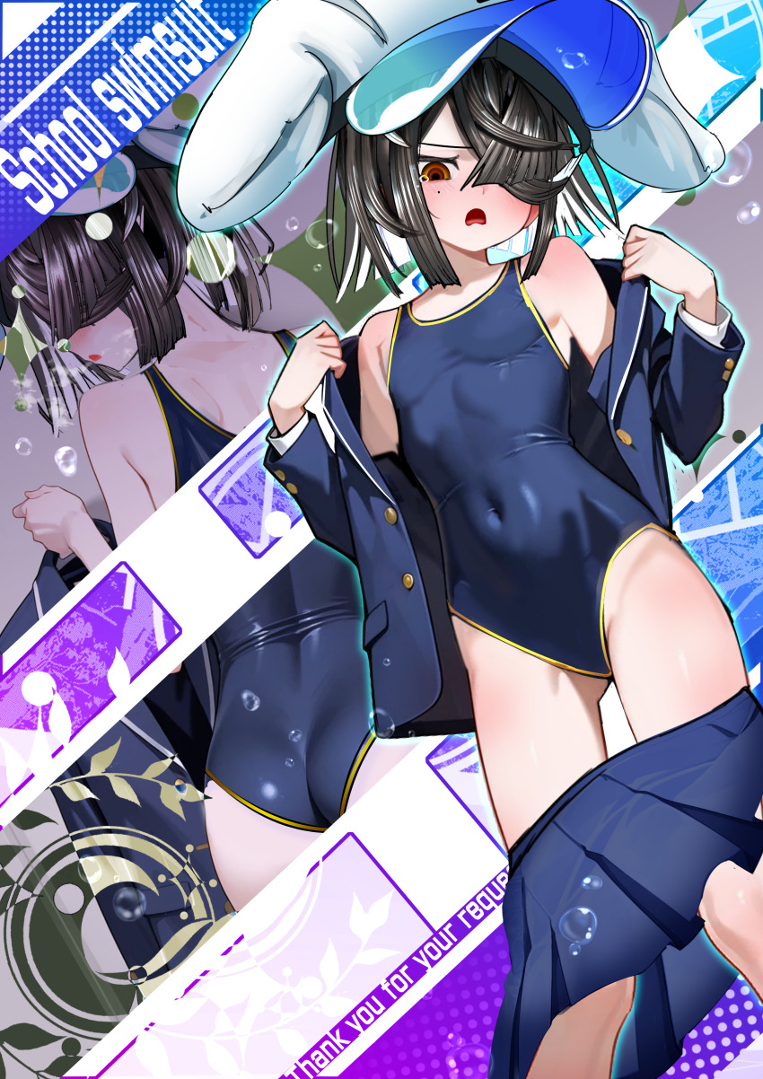 1girl, absurdres, alternate_costume, ass, bare_shoulders, black_hair, blue_jacket, blue_one-piece_swimsuit