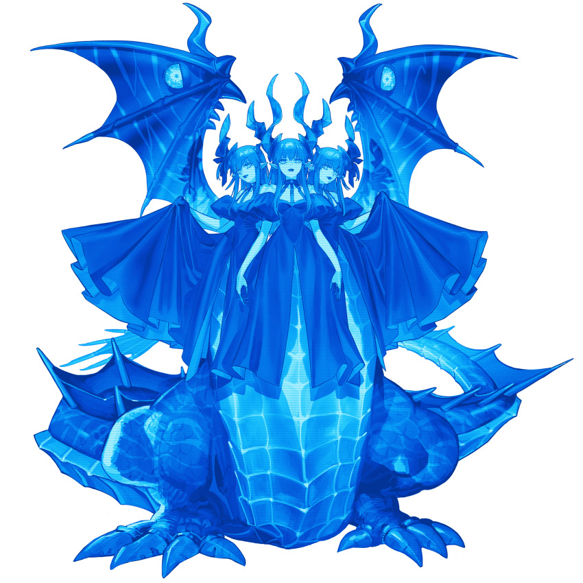 3girls, asymmetrical_horns, clothing_cutout, colored_fingertips, conjoined, dragon_girl, dragon_horns, dragon_tail