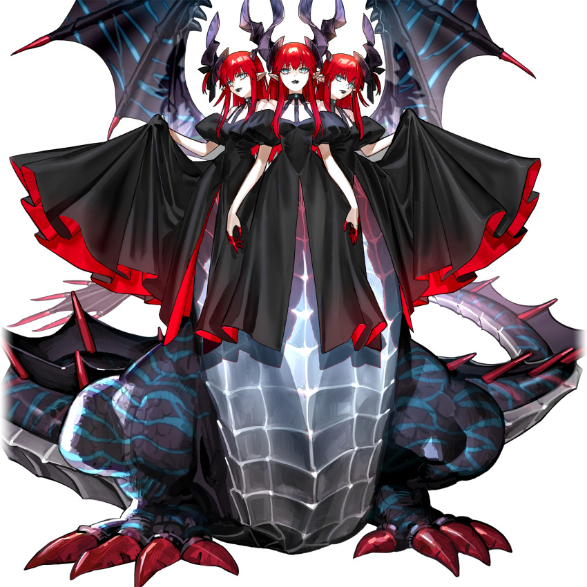 3girls, asymmetrical_horns, black_dress, black_lips, blue_eyes, clothing_cutout, colored_fingertips, conjoined, dragon_girl, dragon_horns, dragon_tail, dragon_wings, dress, eliza_arsia_(fate), eliza_ascreaus_(fate), eliza_pavonis_(fate), elizabeth_bathory_(fate), fate/grand_order, fate_(series), full_body, game_cg, hair_ribbon, highres, holding_own_dress, horns, king_eliza_(fate), long_hair, looking_at_viewer, monster_girl, multiple_girls, multiple_heads, official_art, one_side_up, parted_lips, pointy_ears, puffy_sleeves, red_hair, ribbon, smile, tachi-e, tail, transparent_background, wada_arco, wings