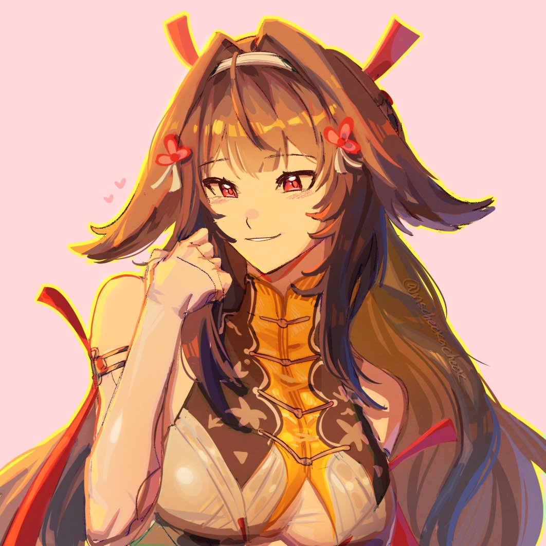 1girl, animal_ears, bare_shoulders, blush, breasts, brown_hair, china_dress, chinese_clothes, dress, elbow_gloves, gloves, hair_ornament, hand_in_own_hair, large_breasts, long_hair, looking_to_the_side, mscheckacheck, pink_background, red_eyes, simple_background, smile, underboob, upper_body, ye_shunguang, zenless_zone_zero