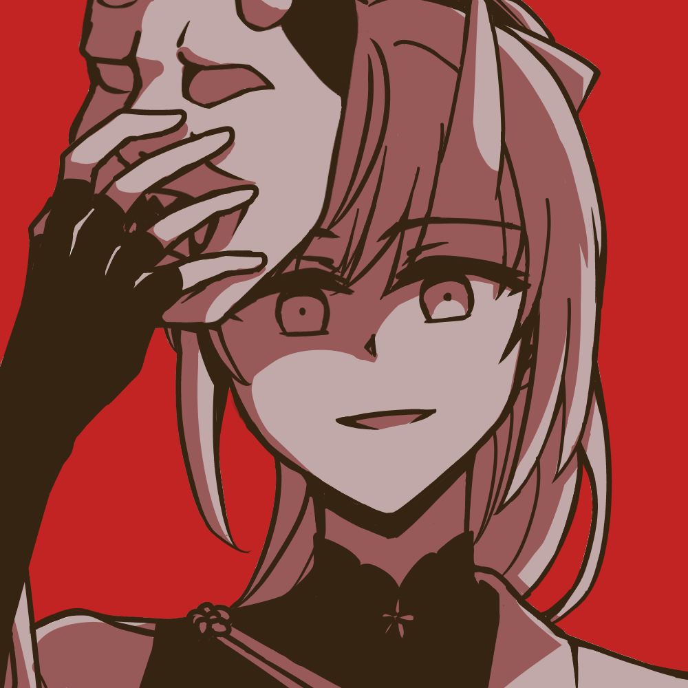 1girl, :d, alternate_species, commentary_request, fingerless_gloves, gloves, greyscale_with_colored_background, horns