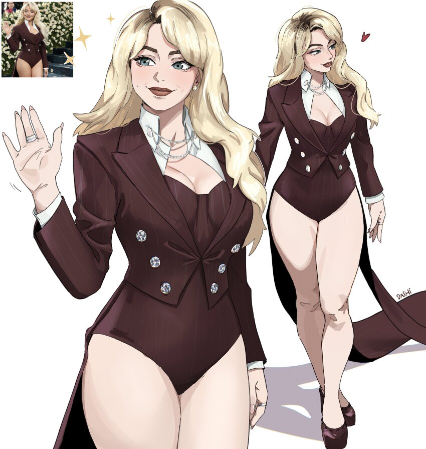 absurdres, artist_name, blonde_hair, blue_eyes, breasts, clothing_request, commentary, dashi_(dashiart), earrings, english_commentary, full_body, highres, jewelry, long_hair, met_gala, multiple_views, photo-referenced, photo_inset, real_life, red_lips, ring, sabrina_carpenter, shadow, simple_background, smile, thick_thighs, thighs, toned_legs, white_background