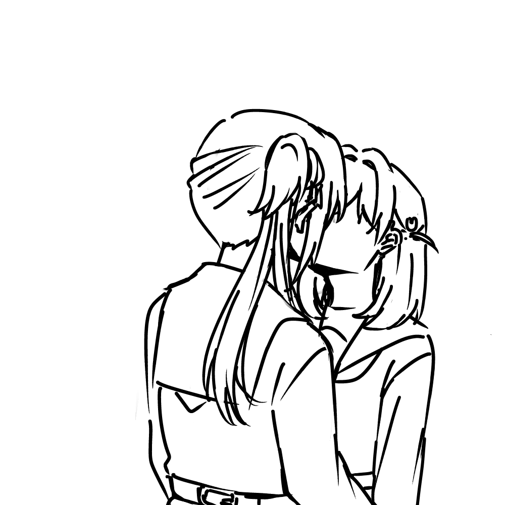 2girls, commentary_request, dress, hair_bun, hair_ornament, hasu_no_sora_school_uniform, hinoshita_kaho, kiss, link!_like!_love_live!, long_hair, long_sleeves, love_live!, medium_hair, multiple_girls, neckerchief, otomune_kozue, potatopenggu, rabbit_hair_ornament, sailor_collar, sailor_dress, school_uniform, side_ponytail, sidelocks, simple_background, single_side_bun, two_side_up, upper_body, virtual_youtuber, white_background, winter_uniform, yuri