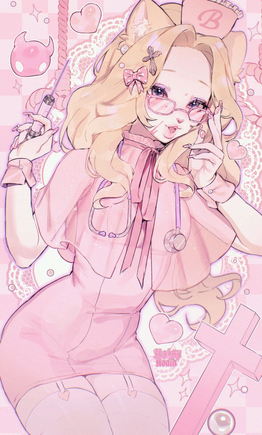 1girl, adjusting_eyewear, animal_ears, animal_nose, artist_name, betty_(noisykoala), blonde_hair, blood, blood_on_face, blurry, bow, capelet, cat_ears, cat_girl, checkered_background, collar, colored_skin, commentary, cowboy_shot, cross, cross_hair_ornament, depth_of_field, dress, earrings, english_commentary, eyelashes, eyeshadow, eyewear_bow, fingernails, forehead, four-pointed_star, frilled_collar, frilled_headwear, frills, furry, furry_female, garter_straps, gem-studded_nails, hair_bow, hair_ornament, hair_over_shoulder, hat, heart, helmet, highres, holding, holding_syringe, invisible_chair, jewelry, lace_background, light_blush, long_fingernails, long_hair, looking_at_viewer, makeup, neck_ribbon, noisykoala, noose, nurse, nurse_cap, open_mouth, original, outer_glow, outline, parted_bangs, pawpads, pearl_earrings, pearl_hair_ornament, pink-framed_eyewear, pink_background, pink_blood, pink_bow, pink_capelet, pink_dress, pink_eyes, pink_nails, pink_ribbon, pink_theme, pink_wrist_cuffs, polka_dot, polka_dot_bow, purple_eyeshadow, purple_outline, rectangular_eyewear, ribbon, see-through_capelet, see-through_clothes, short_dress, sitting, sleeveless, sleeveless_dress, syringe, teeth, thick_lips, thighhighs, tight_clothes, tight_dress, tongue, upper_teeth_only, wavy_hair, white_garter_straps, white_skin, white_thighhighs, wrist_cuffs