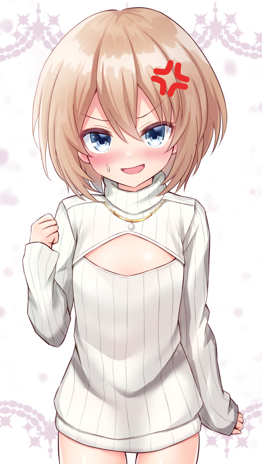 1girl, anger_vein, blanc_(neptunia), blue_eyes, blush, brown_hair, cleavage_cutout, clothing_cutout