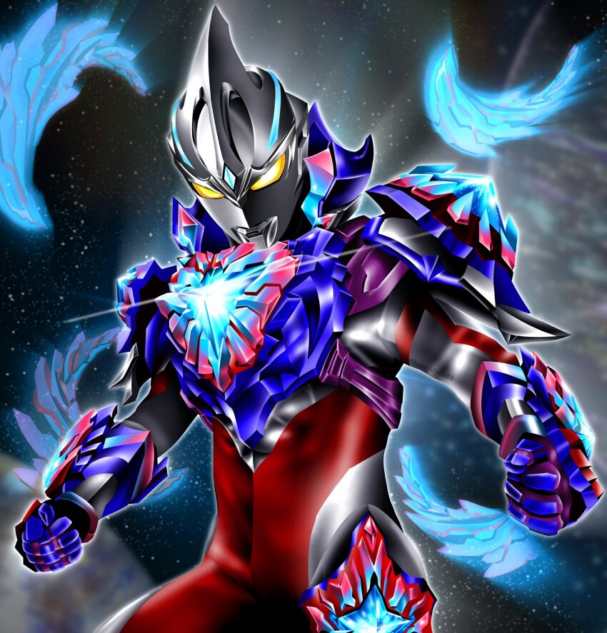 1boy, abs, alien, armor, black_skin, black_sky, blue_armor, blue_gem