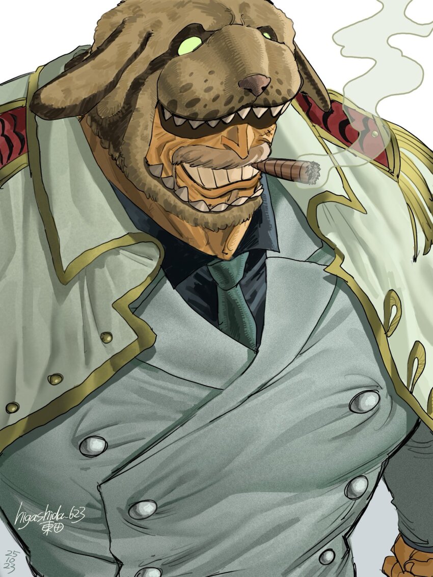 1boy, animal_hood, beard, cigar, coat, coat_on_shoulders, dog_hood, epaulettes