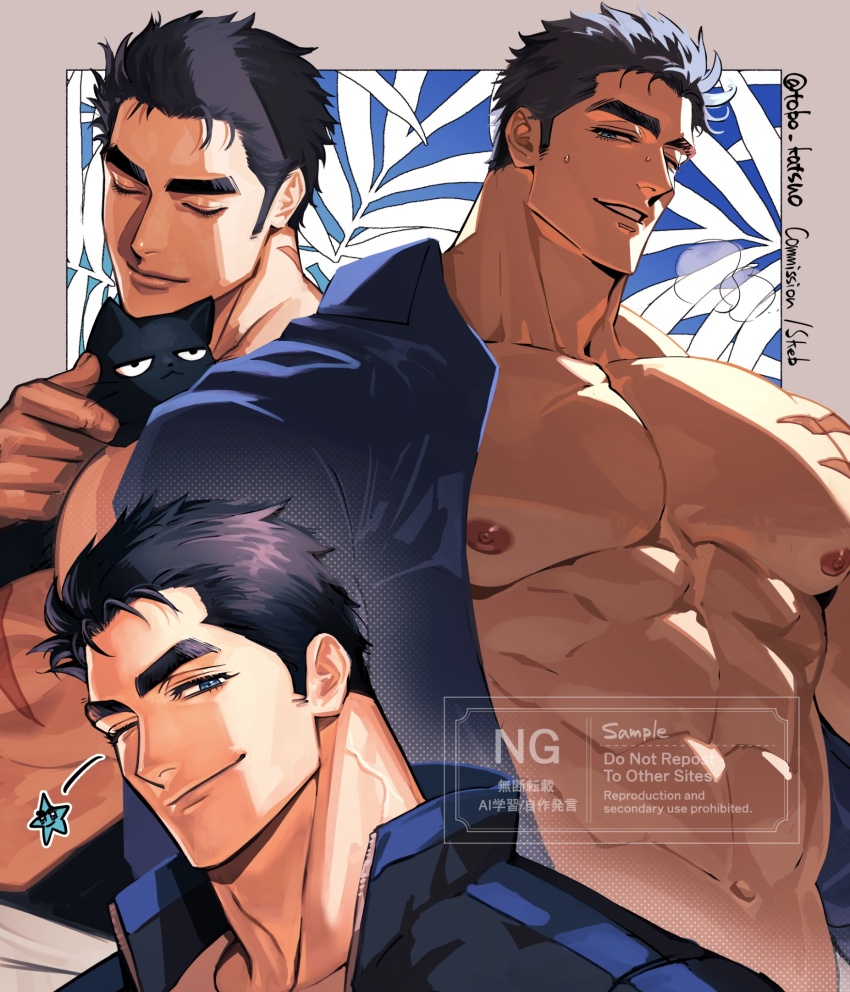 1boy, abs, adam's_apple, bara, bare_pectorals, black_hair, blue_eyes, collage