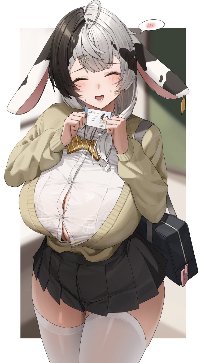 1girl, absurdres, ahoge, animal_ears, baejjal_(vtuber), bag, black_hair, black_skirt