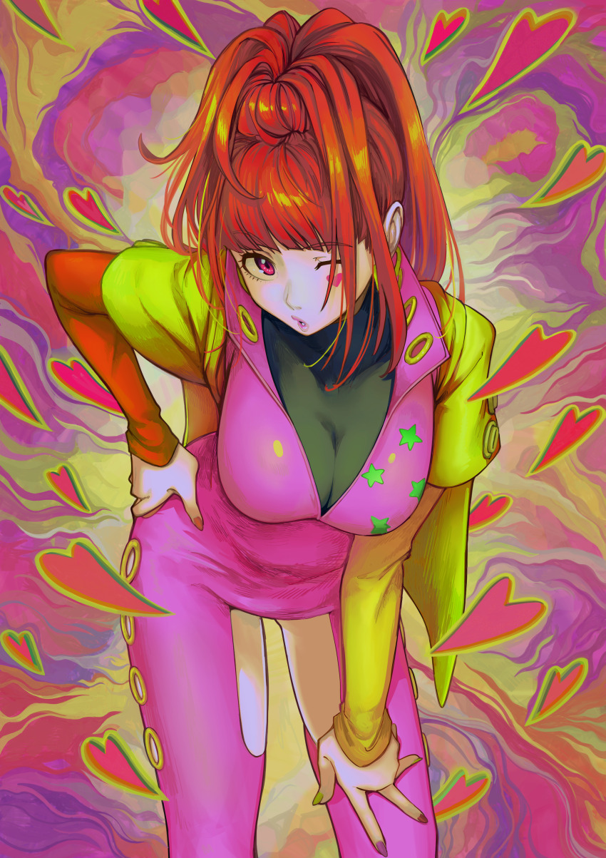 1girl, absurdres, asymmetrical_sleeves, bent_over, blunt_bangs, bodysuit, braid, breasts, cowboy_shot, facial_mark, gnosia, hand_on_own_hip, heart, heart_facial_mark, high_ponytail, highres, large_breasts, layered_sleeves, long_sleeves, nail_polish, one_eye_closed, orange_nails, orange_sleeves, pink_bodysuit, ponytail, ponytail_with_braided_base, red_eyes, red_hair, sabiiiii, short_over_long_sleeves, short_sleeves, skin_tight, solo, sq_(gnosia), standing, yellow_sleeves