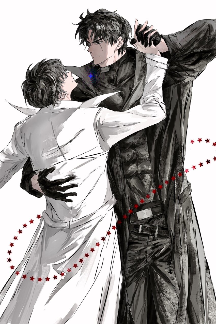 2boys, 8d2suga9, abs, black_coat, black_gloves, black_hair, black_shirt, coat, cowboy_shot, dancing, gloves, hand_on_another's_back, highres, holding_hands, kim_dokja, multiple_boys, omniscient_reader's_viewpoint, open_clothes, open_coat, popped_collar, secretive_plotter, shirt, short_hair, smile, star_(symbol), toned, toned_male, white_coat, yaoi, yoo_joonghyuk