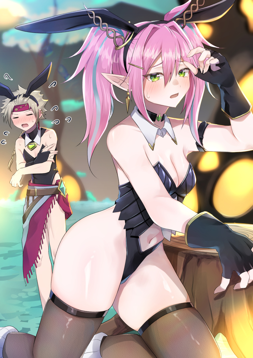 1boy, 1girl, alternate_costume, animal_ears, aqua_hair, armlet, artmage_finmel, black_gloves, black_leotard, blurry, blurry_background, blush, breasts, cleavage, closed_eyes, clothing_cutout, collarbone, commentary_request, detached_collar, duel_monster, earrings, fake_animal_ears, fingerless_gloves, gloves, green_eyes, grey_hair, grey_thighhighs, hair_between_eyes, hair_ornament, highres, jewelry, kneeling, leotard, long_hair, medium_breasts, medius_the_pure, multicolored_hair, navel, navel_cutout, open_mouth, pink_hair, pinyata_(pinyaland), playboy_bunny, pointy_ears, sarong, strapless, strapless_leotard, thighhighs, twintails, yu-gi-oh!