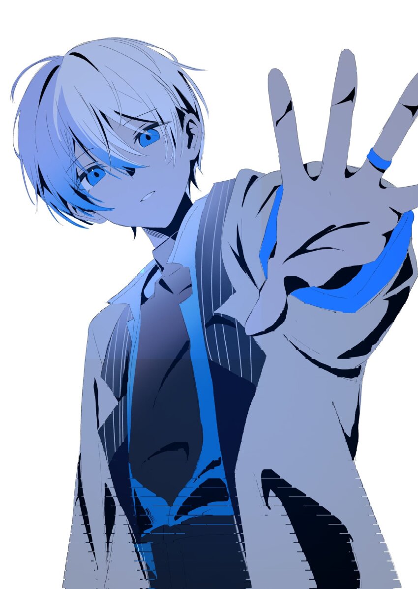 1boy, aoyagi_touya, blue_eyes, blue_hair, call_boy_(vocaloid), clenched_teeth, collared_shirt, hashtag-only_commentary