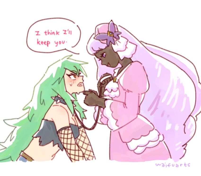 2girls, alternate_costume, ascot, black_shirt, black_tube_top, blush, clenched_teeth, collar, crop_top, dark-skinned_female, dark_skin, dress, elbow_gloves, english_text, eye_contact, fascinator, femdom, fishnet_gloves, fishnets, flashback, frilled_ascot, frills, gloves, grabbing_another's_chin, green_hair, hair_ornament, hand_on_another's_chin, head_lift, highres, holding, holding_leash, jacinthe_(pokemon), juliet_sleeves, leash, lebanne_(pokemon), long_hair, long_sleeves, looking_at_another, looking_down, low_drills, messy_hair, multiple_girls, nintendo, no_gloves, open_mouth, pokemon, pokemon_legends:_z-a, puffy_sleeves, purple_dress, purple_hair, sharp_teeth, shirt, smile, speech_bubble, spiked_collar, spikes, strapless, strapless_shirt, sweatdrop, teeth, torn_clothes, torn_shirt, tube_top, very_dark_skin, very_long_hair, waifuartz, yuri