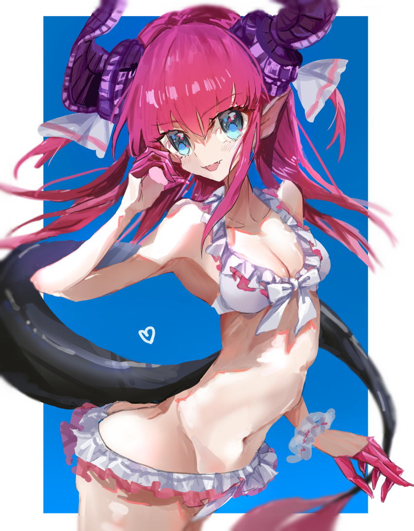1girl, :d, absurdres, arched_back, armpits, bad_anatomy, bad_arm, bare_arms, bikini, black_tail, blue_background, blue_eyes, border, breasts, cleavage, cowboy_shot, dragon_girl, dragon_horns, dragon_tail, elizabeth_bathory_(beach_bloody_demoness)_(fate), elizabeth_bathory_(fate), fang, fate/extella, fate/extella_link, fate/extra, fate_(series), finger_cots, frilled_bikini, frills, front-tie_bikini_top, front-tie_top, groin, half-heart_hands, heart, highres, horns, kiri_iii_kiri, light_blush, long_hair, looking_at_viewer, narrow_waist, navel, official_style, open_mouth, parody, pink_hair, pointy_ears, purple_horns, ribbon, scrunchie, simple_background, skin_fang, skinny, small_breasts, smile, solo, standing, stomach, style_parody, swimsuit, tail, twisted_torso, two_side_up, wada_arco_(style), white_bikini, white_border, white_ribbon, white_scrunchie, wrist_scrunchie