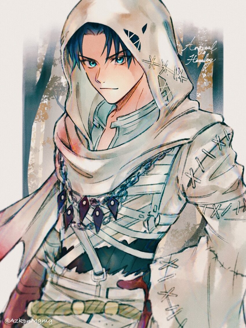 1boy, 3wa_tari, angeal_hewley, angeal_hewley_(ghost_robe), aqua_eyes, bandaged_chest, black_hair, blood, blood_on_hands, border, chain, chain_necklace, character_name, cloak, closed_mouth, final_fantasy, final_fantasy_vii, final_fantasy_vii:_ever_crisis, highres, hood, hood_up, hooded_cloak, jewelry, light_smile, male_focus, necklace, official_alternate_costume, parted_bangs, short_hair, solo, twitter_username, upper_body, white_border, white_cloak, white_hood