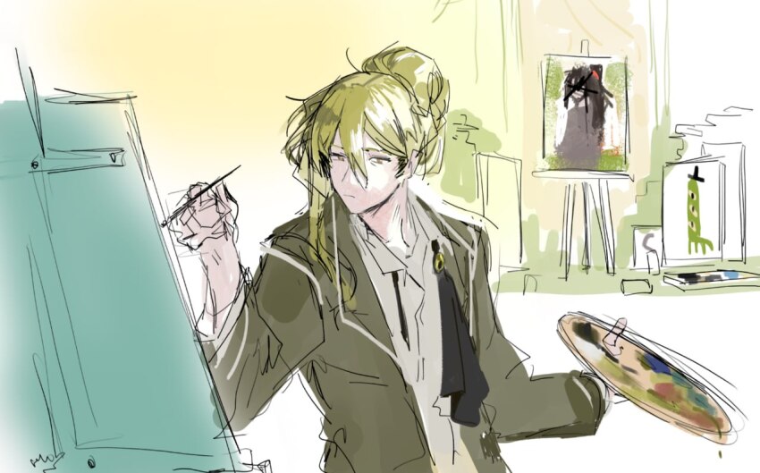 1boy, carmen_(project_moon), collared_shirt, easel, green_jacket, hair_between_eyes, hair_bun, holding, holding_paint_palette, holding_paintbrush, jacket, library_of_ruina, long_sidelocks, m0lybdm, male_focus, netzach_(project_moon), paint_palette, paintbrush, painting_(action), portrait_(object), project_moon, serious, shirt, sidelocks, single_side_bun, solo, white_shirt, yellow_eyes