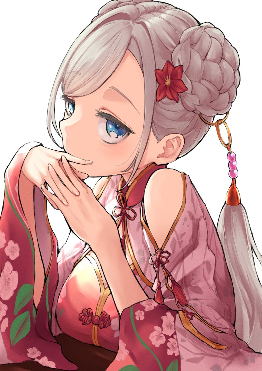 1girl, absurdres, bare_shoulders, blue_eyes, braid, braided_bun, breast_rest, breasts, breasts_on_table, bun_with_braided_base, ceras_yanagida_lilienfeld, ceras_yanagida_lilienfeld_(si_lianqin_zhi_que), china_dress, chinese_clothes, clothing_cutout, commentary, covering_own_mouth, dress, elbows_on_table, flower, grey_hair, hair_bun, hair_extensions, hair_flower, hair_intakes, hair_ornament, hand_over_own_mouth, highres, interlocked_fingers, large_breasts, link!_like!_love_live!, long_sleeves, looking_at_viewer, love_live!, mendo_(mend0o0), red_dress, red_flower, ring_hair_extensions, short_hair, shoulder_cutout, shrug_(clothing), sidelocks, simple_background, solo, upper_body, virtual_youtuber, white_background, white_shrug