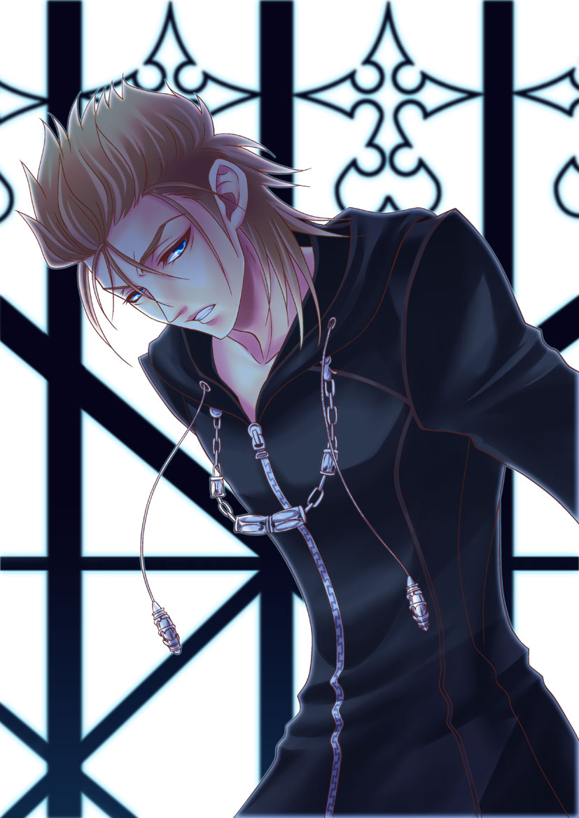 1boy, bad_id, bad_pixiv_id, black_coat_(kingdom_hearts), blonde_hair, blue_eyes, cloak, cu_be, demyx, kingdom_hearts, male_focus, solo