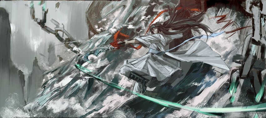 1boy, black_hair, broken, broken_chain, chain, chinese_clothes, crash, e.g.o_(project_moon)