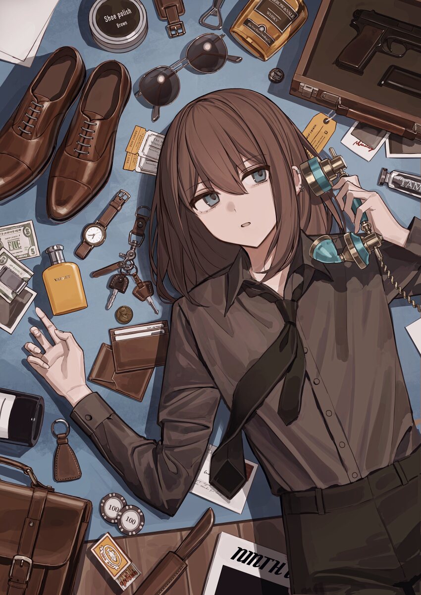 1girl, absurdres, alcohol, antique_phone, bag, banknote, belt_buckle, black_necktie, black_pants, blue_eyes, bottle, bottle_cap, bottle_opener, brown_bag, brown_hair, brown_shirt, brown_shoes, buckle, charm_(object), coin, collared_shirt, commentary_request, cowboy_shot, dress_shirt, ear_piercing, fingernails, flat_chest, gun, hair_between_eyes, handgun, highres, holding, holding_phone, key, letter, long_sleeves, looking_to_the_side, loose_necktie, lying, matches, medium_hair, money, necktie, on_floor, open_collar, open_mouth, original, pants, phone, photo_(object), piercing, polaroid_photo, shirt, shoes, solo, sunglasses, tamitami, ticket, unworn_eyewear, unworn_shoes, unworn_wristwatch, wallet, watch, weapon, weapon_case, weapon_request, whiskey, wooden_floor, wristwatch