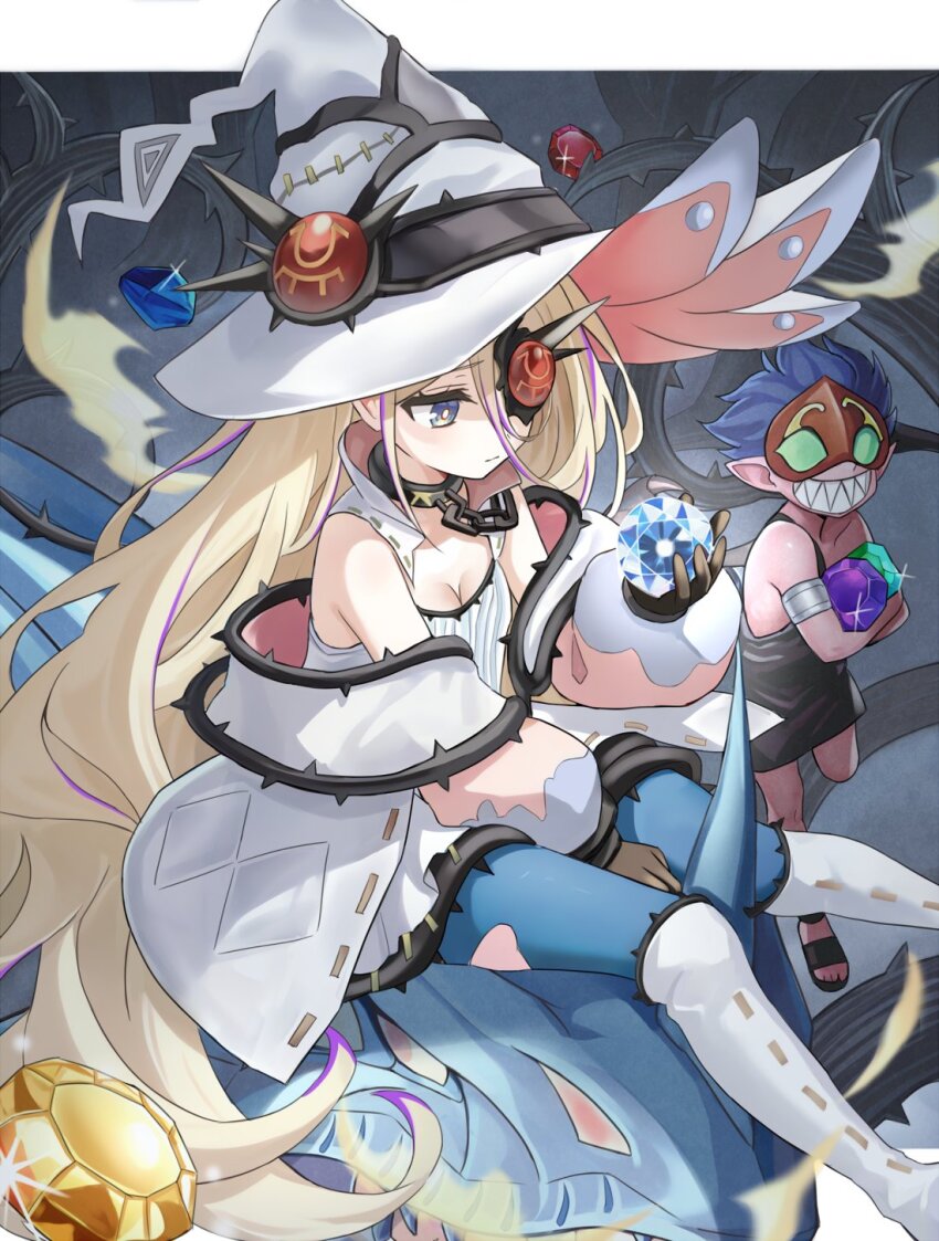 1boy, 1girl, black_sandals, blonde_hair, blue_gem, blue_hair, breasts, cleavage