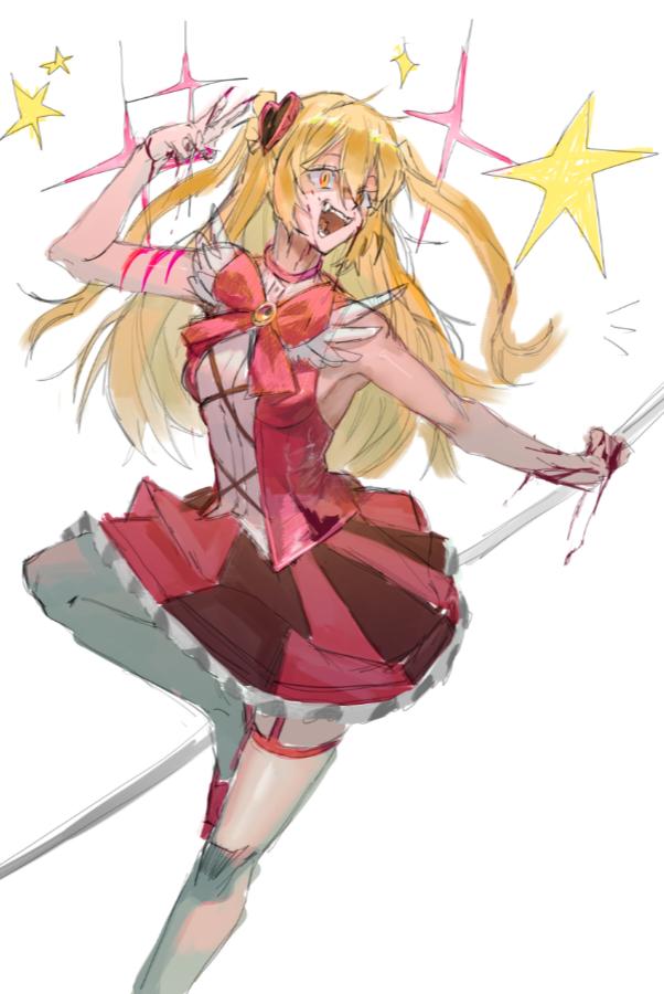 1girl, :d, bleeding, blonde_hair, blood, blood_on_face, blood_on_hands, chest_bow