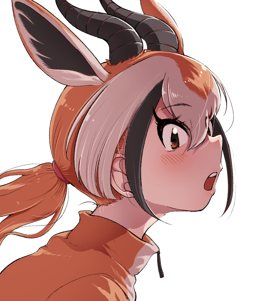 1girl, antelope_ears, antelope_horns, blush, brown_eyes, brown_hair, brown_jacket, extra_ears