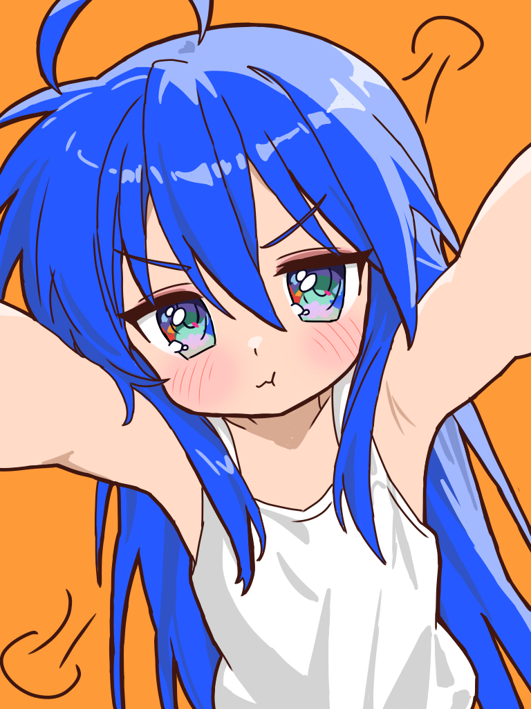 1girl, :t, armpits, arms_up, blue_eyes, blue_hair, blush, camisole