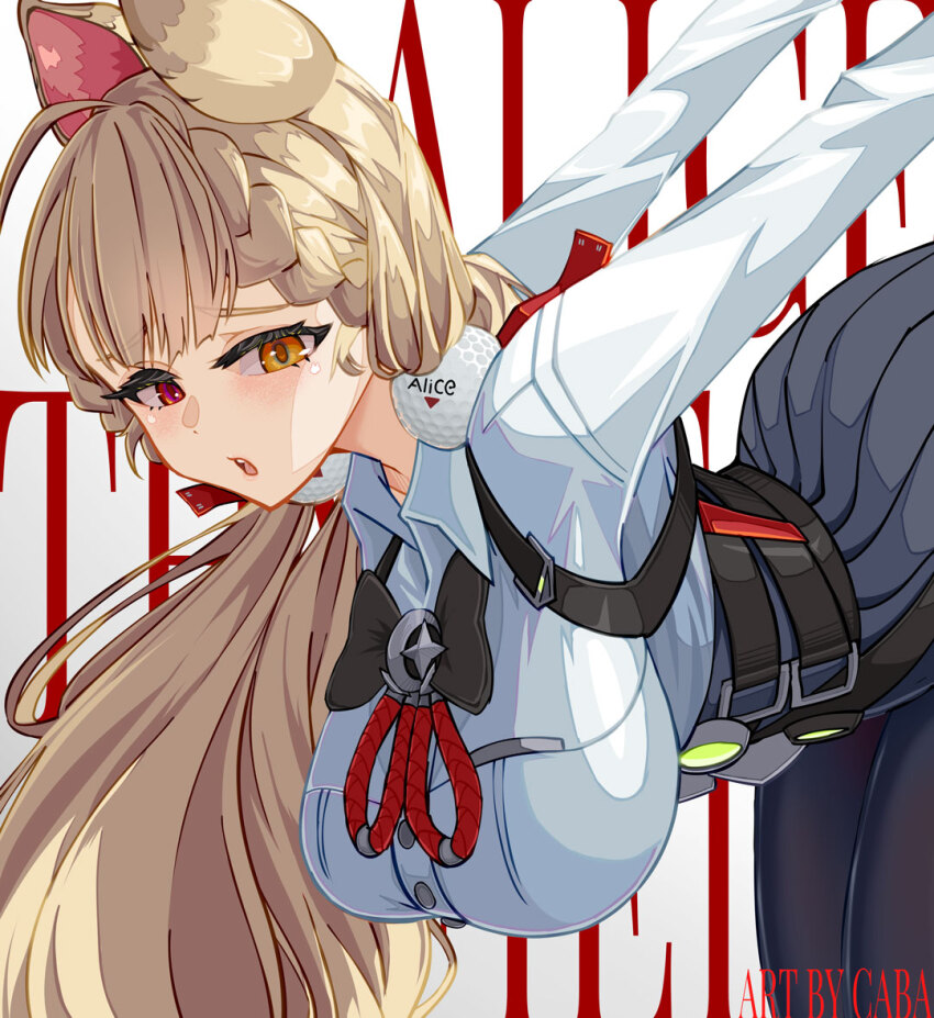 1girl, ahoge, alice_thymefield, animal_ears, bent_over, black_pantyhose, black_skirt, blonde_hair