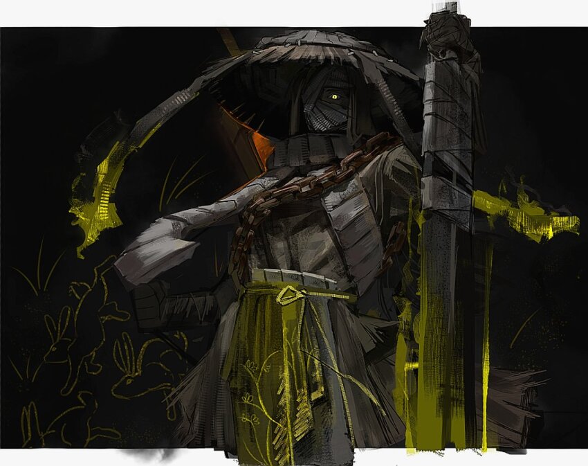 1girl, backlighting, bandaged_head, bandaged_weapon, bandages, black_gloves, black_hair, border, chain, cowboy_shot, gloves, glowing, glowing_eye, hashtag-only_commentary, hat, heishou_pack-mao_branch_(identity)_(project_moon), holding, holding_sword, holding_weapon, limbus_company, long_hair, looking_at_viewer, m0lybdm, official_alternate_costume, outside_border, painterly, planted, planted_sword, planted_weapon, project_moon, robe, rope_belt, scarf, solo, straw_hat, sword, weapon, white_border, white_scarf, yellow_eyes