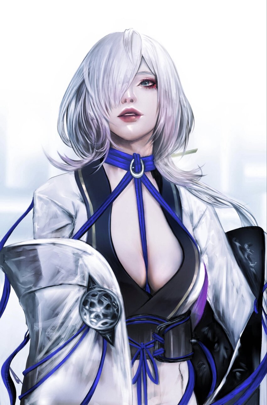 1girl, breasts, cleavage, eyeshadow, hair_over_one_eye, highres, japanese_clothes, kimono