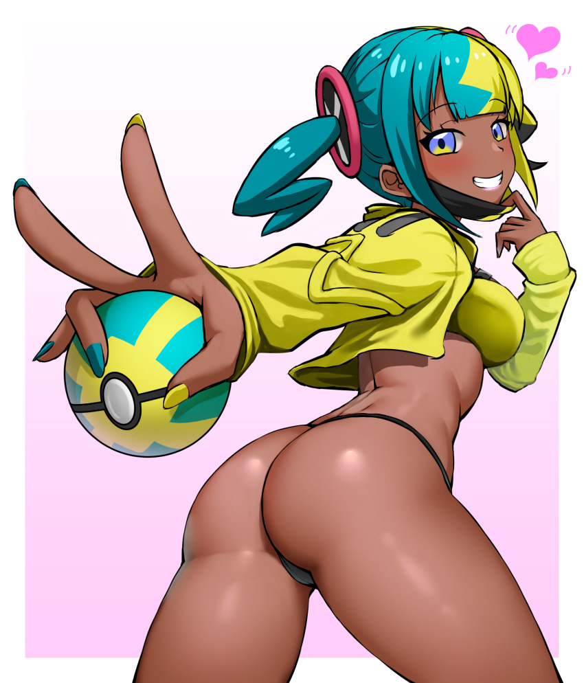 1girl, ass, bandeau, blue_eyes, border, breasts, canari_(pokemon), commentary_request, dark-skinned_female, dark_skin, eyelashes, gradient_background, grin, hajime_(wkpz8247), hand_up, heart, highres, holding, holding_poke_ball, holding_with_gesture, jacket, legs_apart, long_sleeves, looking_back, mask, mask_pull, mouth_mask, nail_polish, nintendo, open_clothes, open_jacket, outside_border, panties, poke_ball, pokemon, pokemon_legends:_z-a, quick_ball, short_twintails, smile, solo, teeth, thong, twintails, underwear, v, white_border, yellow_bandeau, yellow_jacket, yellow_nails