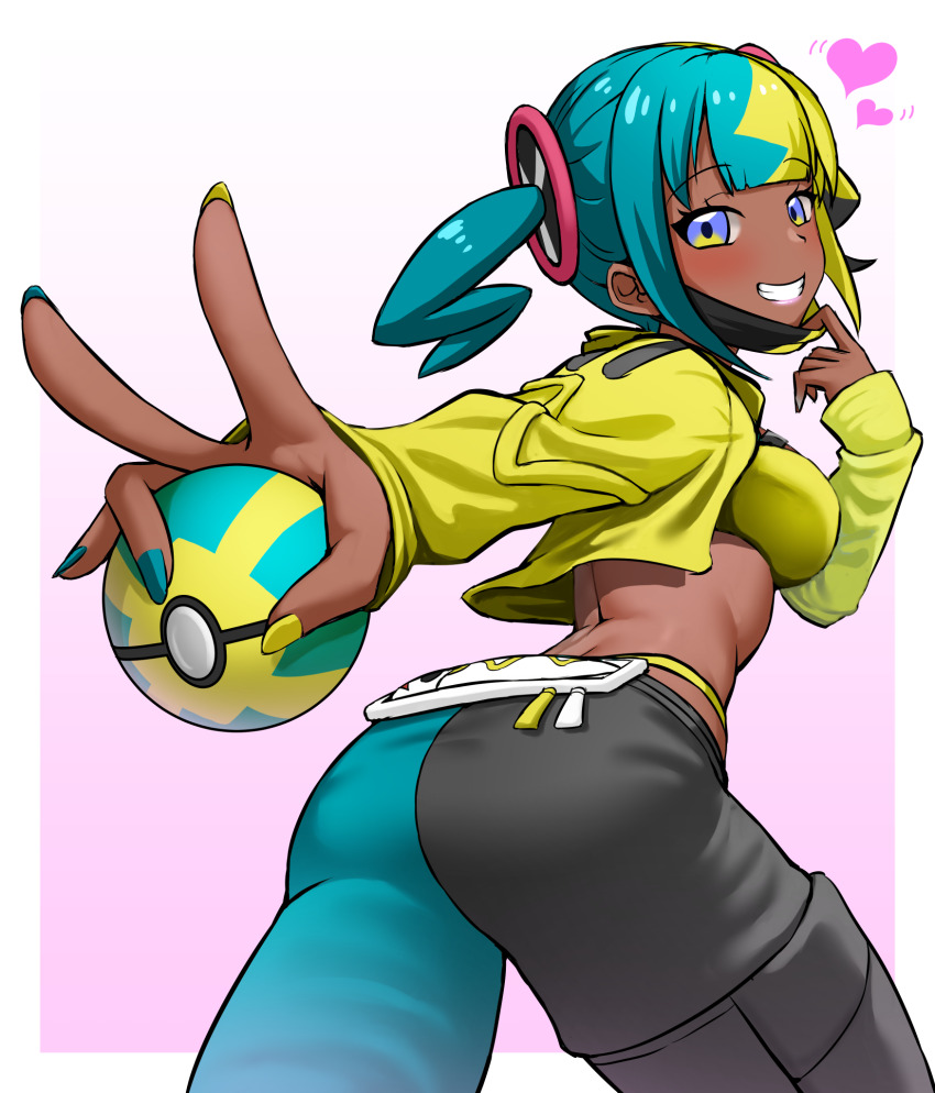 1girl, bandeau, blue_eyes, border, breasts, canari_(pokemon), commentary_request, dark-skinned_female