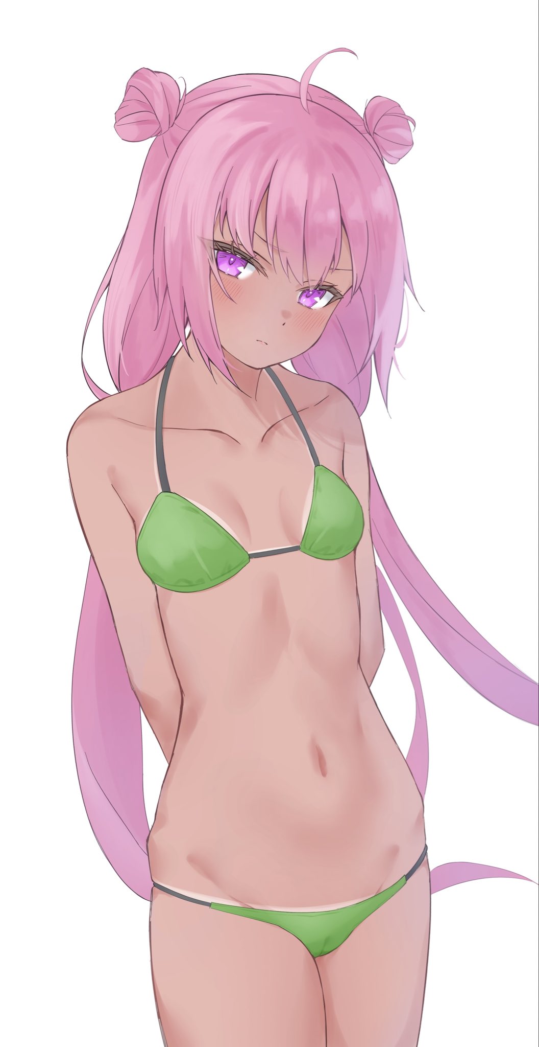 1girl, ahoge, arms_behind_back, bare_shoulders, bemani, bikini, blush, breasts