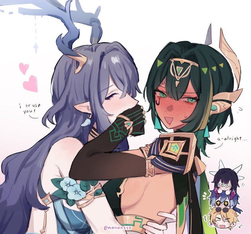 +_+, 2boys, 3girls, antlers, black_hair, blonde_hair, blue_dress, blush, breasts, closed_eyes, columbina_(genshin_impact), dark-skinned_female, dark_skin, deer_antlers, dress, earrings, elbow_gloves, english_text, eye_mask, flins_(genshin_impact), full-face_blush, genshin_impact, gloves, green_dress, green_eyes, green_hair, hair_ornament, heart, horns, hug, jewelry, lauma_(genshin_impact), long_hair, mask, multicolored_hair, multiple_boys, multiple_girls, nefer_(genshin_impact), nonons, open_mouth, pointy_ears, sideboob, simple_background, smile, varka_(genshin_impact), white_background, white_mask, x-shaped_eyewear, yuri