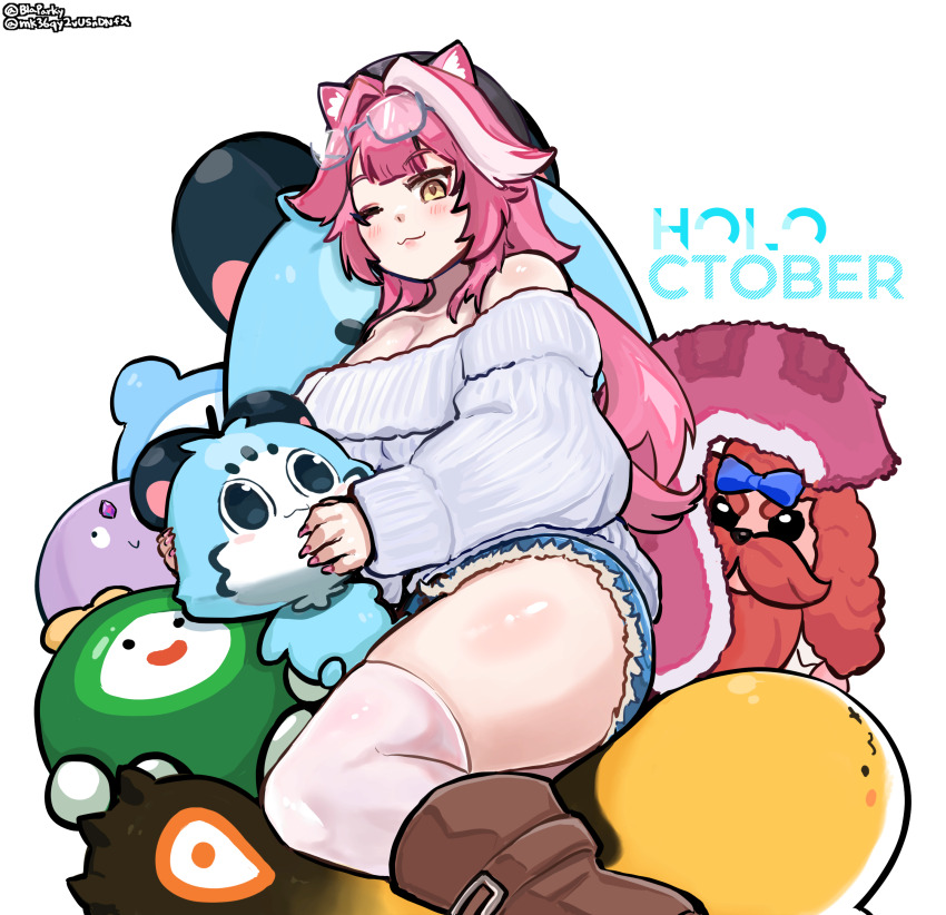 1girl, ;3, absurdres, animal_ears, bare_shoulders, beret, black_hat, blaparky