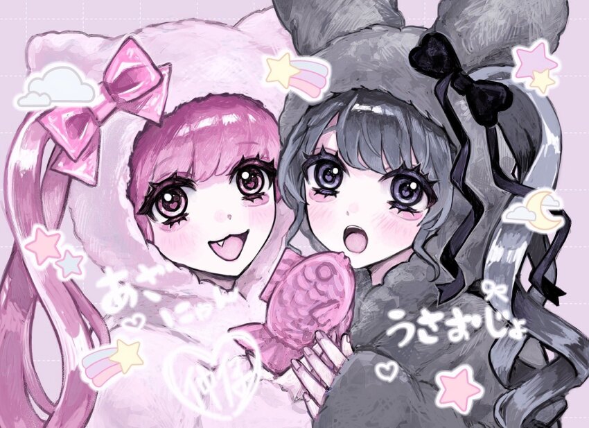 2girls, aegyo_sal, animal_ear_hood, black_bow, black_eyes, black_hair, black_jacket, bow