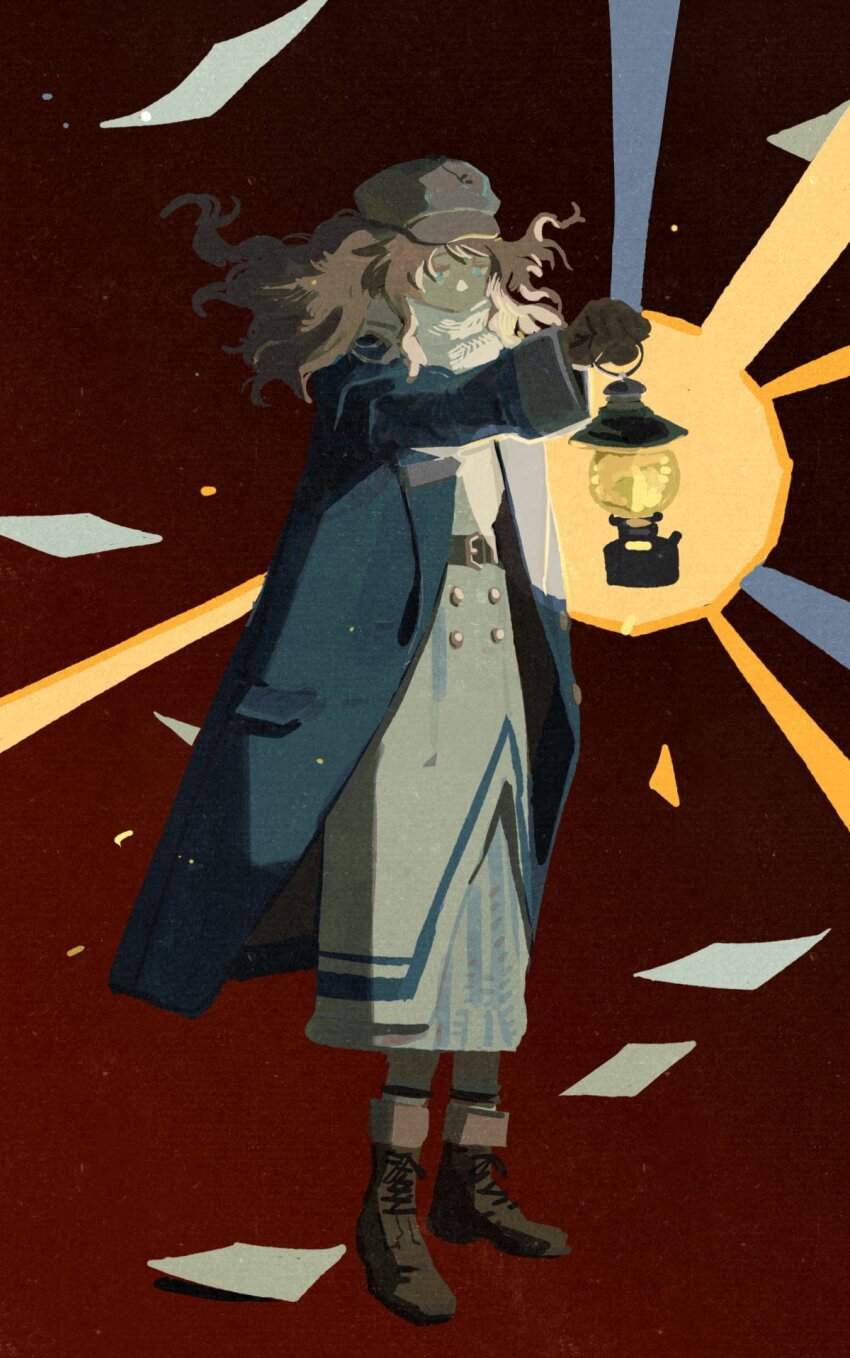 1girl, ankle_boots, blue_coat, blue_eyes, boots, brown_boots, brown_gloves, brown_hair, coat, dress, floating_hair, flying_paper, full_body, gloves, glowing, grey_hat, hat, highres, holding, holding_lantern, lantern, long_dress, marcus_(reverse:1999), newsboy_cap, paper, red_background, reverse:1999, scarf, socks, solo, white_dress, white_scarf, white_socks, yangga1bi