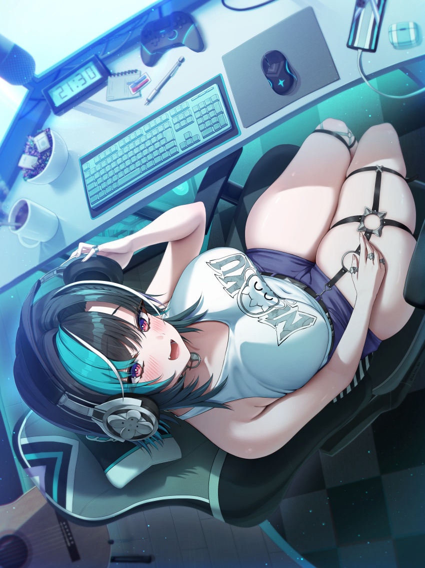 1girl, absurdres, aqua_hair, black_hair, blue_shorts, breasts, chair, computer_keyboard